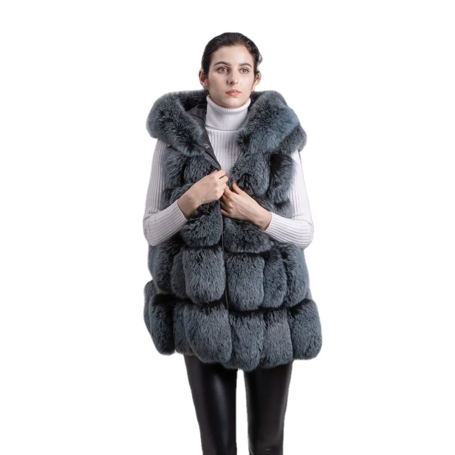 

QIUCHEN QC8094 new natural fox fur long vest real fox fur gilet with hood winter high quality women fox, Customized color