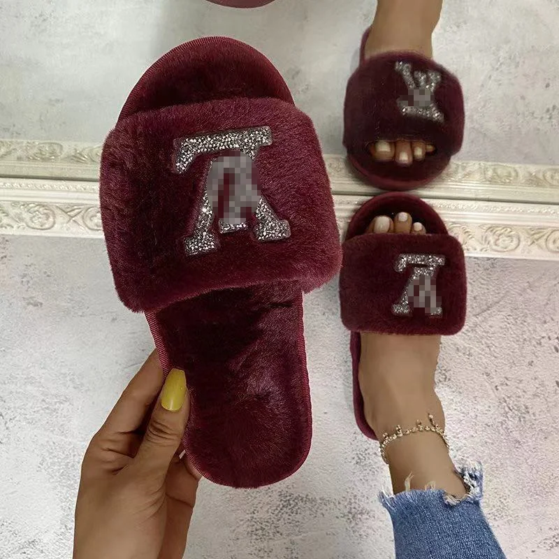 

New style plush slippers plus velvet home bright diamond flat bottom warm word ladies slippers, Customized color