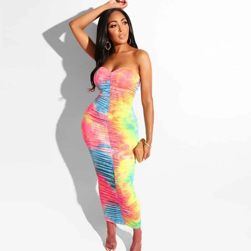 

Latest Hot Sale Drop Shipping Summer Woman Rainbow Tie Dye Shirred Tube Top Sexy Maxi Dress