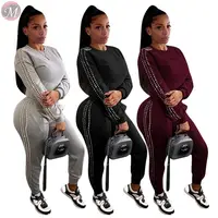 

9112513 New wholesale winter fall sides pearl beaded casual solid Pants Suit Set Women Clothing Fashion Two Piece