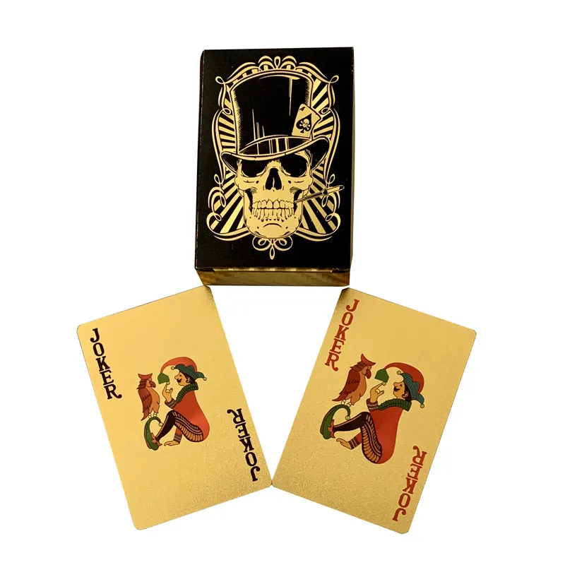 

Gold custom Skull Black Design PET poker cards Plastic PET gold foil playing cards, Red