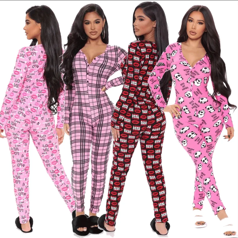 

2021 Women Pajamas Long Sleeve Bodysuit Jumpsuit Pink Onsies Adult Onesie Valentine Clothing For Women, Customized color