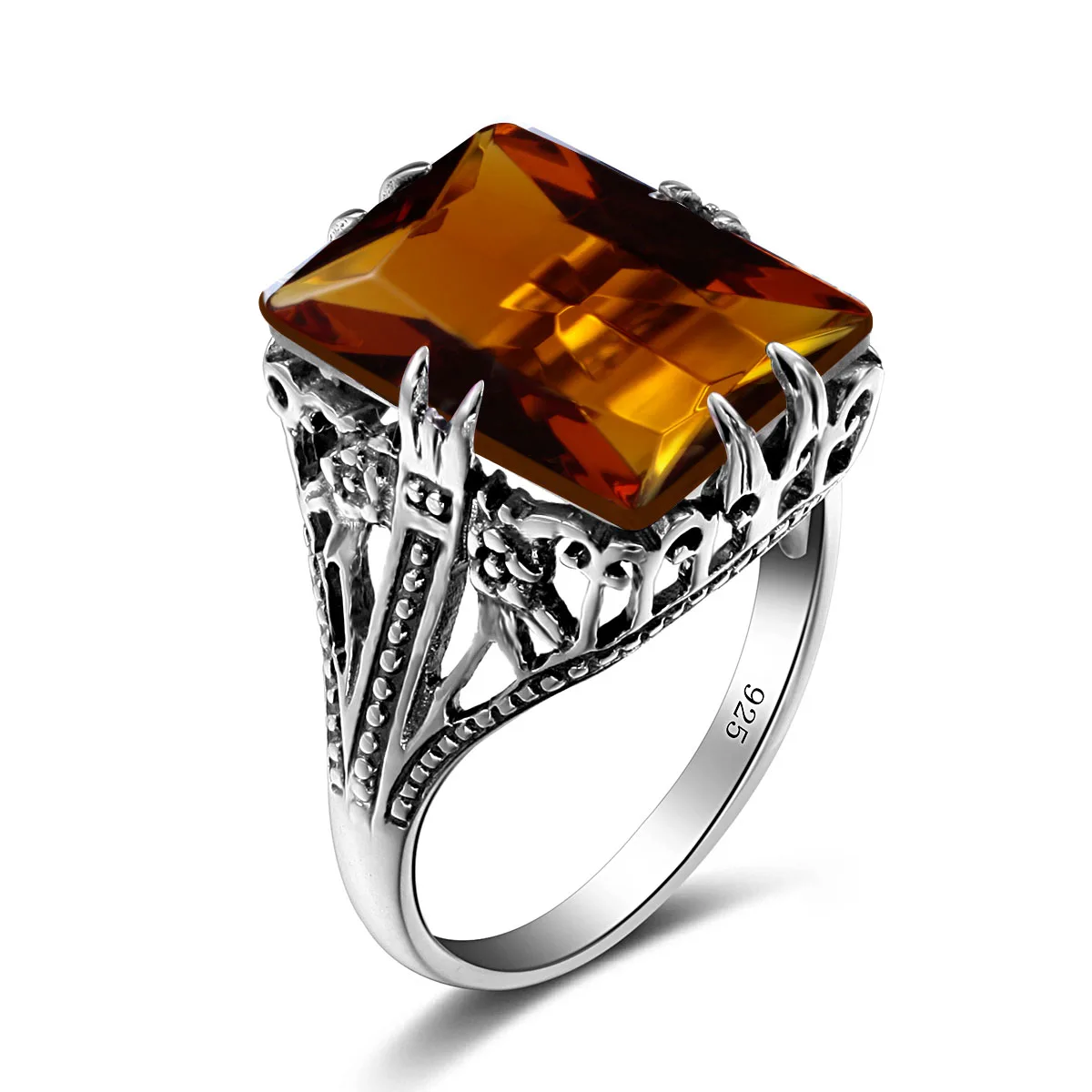 

Hot Selling Geometric Amber Rectangle Gemstone 925 Silver Ring Wedding Fine Jewelry Vintage Ring