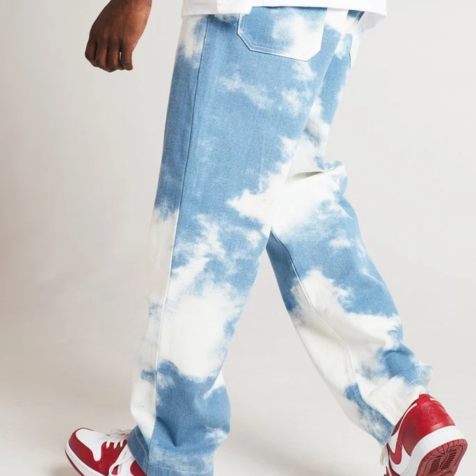 

2021 New Men's Trousers Loose White Washed Straight Tie-dye Jeans Fashion Denim Pants, Light blue