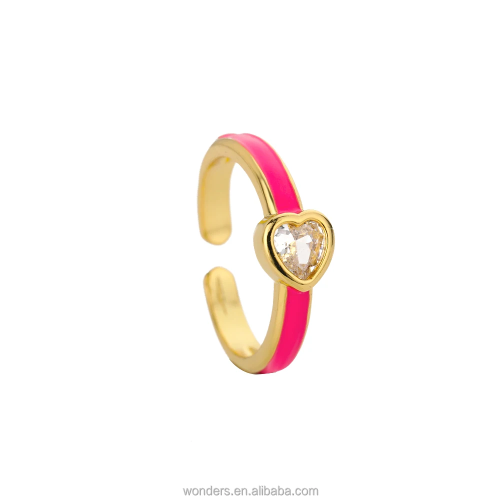 

Minimalist Enamel Brass Jewelry 18K Gold Plated Tiny Heart Ring Band Diamond CZ Heart Rainbow Zircon Ring For Women Girls