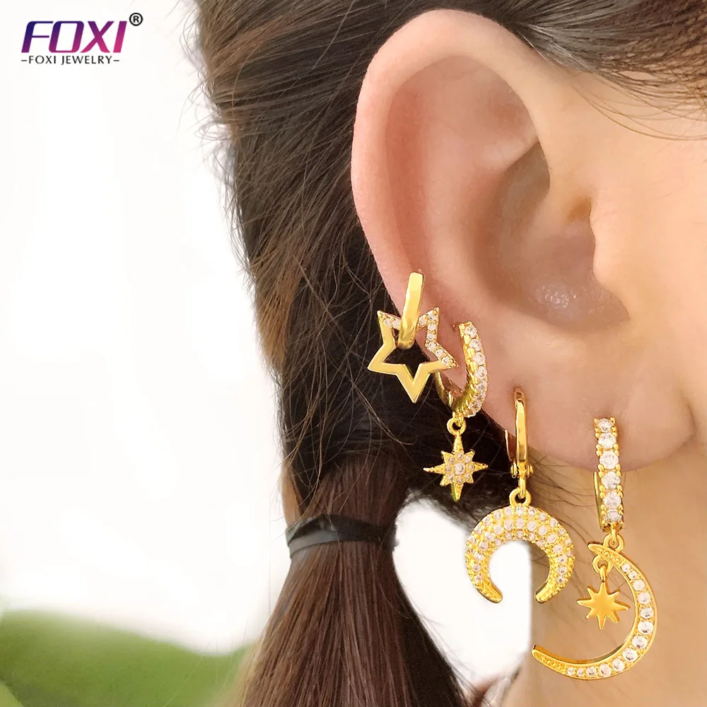 

Initial Earrings Foxi Jewelry Factory Sale 18k Gold Plated Brass Letter Alphabet Rainbow CZ Ear Stud Women