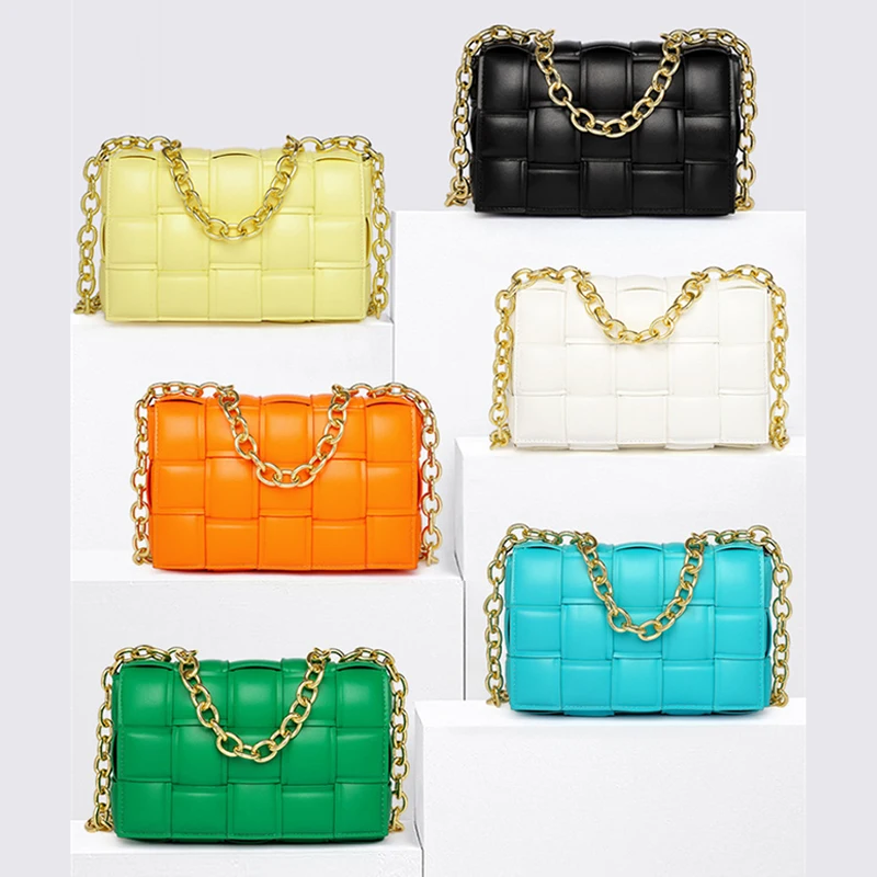 

Women Crossbody Bag Weave Flap Trending Bags 2021 Quality Leather Thick Chain Messenger Bag Female Purse And Handbag, White,green,yellow,black,blue,orange