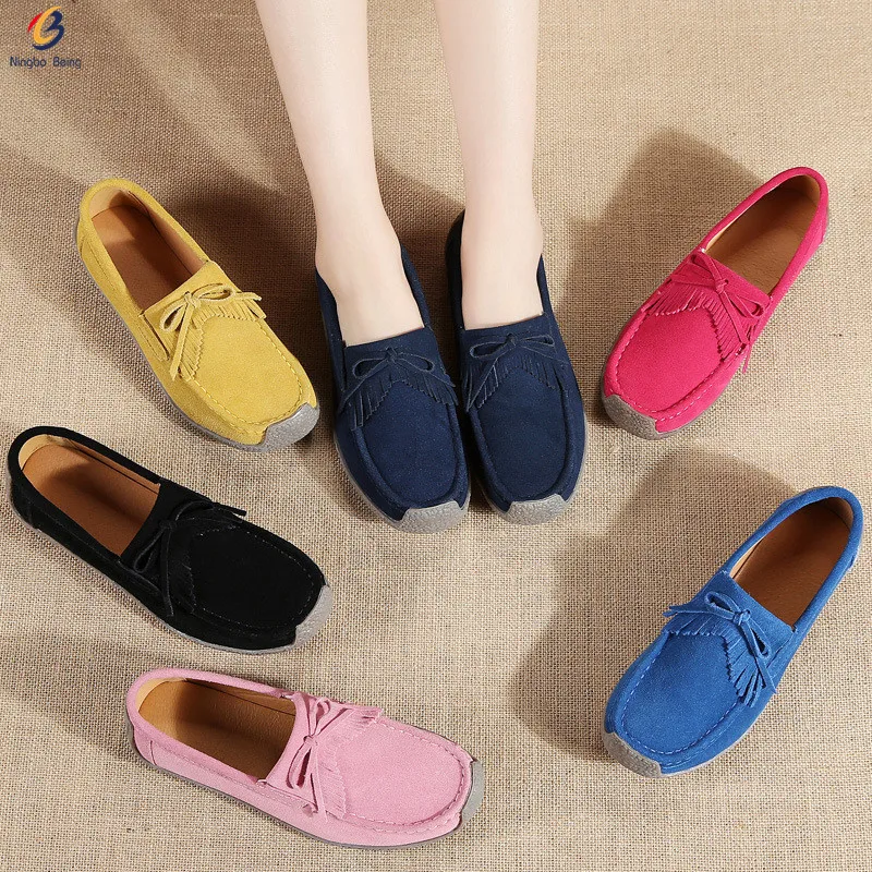 Fashion Breathable Suede Cow Leather Ladies Shoes Flat Loafers For ...