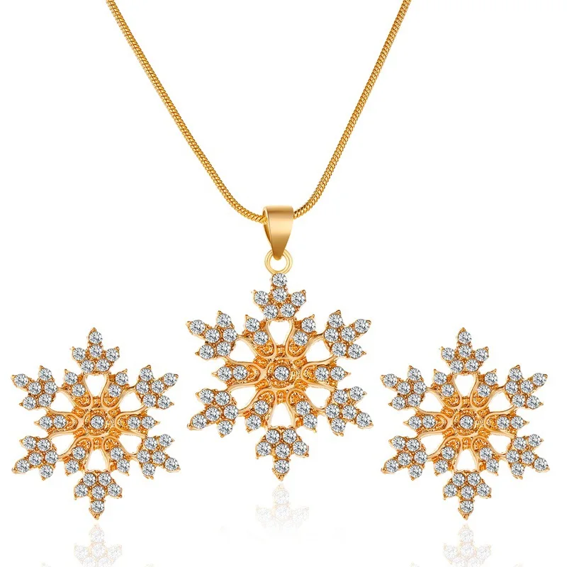 

Temperament new jewelry set simple full diamond snowflake necklace snowflake stud earrings set, As picture