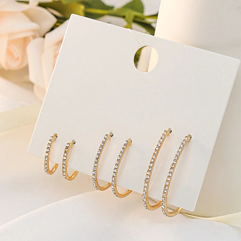 

3pairs/Set Diamond Hoops Earrings Women Vintage Minimalist Jewelry Geometric Hoop Big European And American Exaggeration Earring