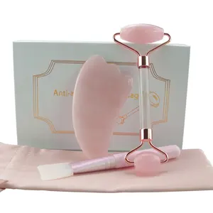 Natural Face mask brush set Pink jade roller for face Rose quartz roller face massager 2