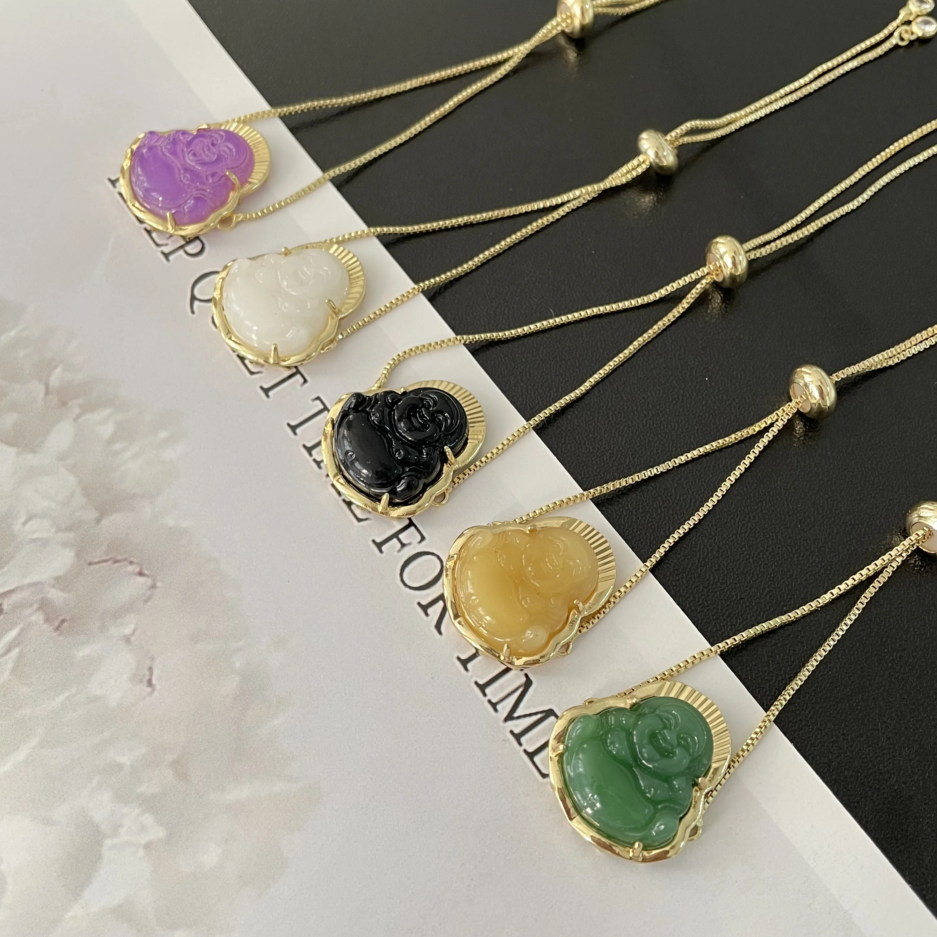 

Gold plated colorful healing jade Buddha box chain adjustable bracelet