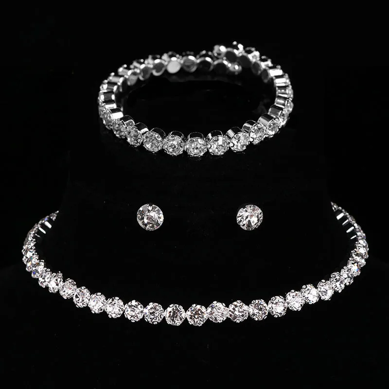 

Classic Round Cut Cubic Zircon Necklace Earrings Bracelet Set White Gold Plated Women CZ Jewelry Set for Bridal Wedding