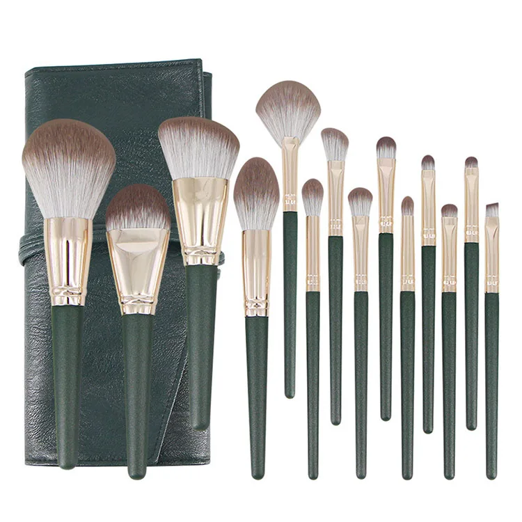 

Custom Logo 14pcs/set Green Synthetic Nylon Hair Makeup Brush Pincel Maquiagem LOW MOQ Plastic Handle Makeup Brush Sets With Bag