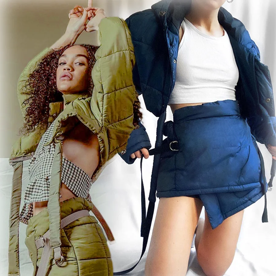 

Good Quality Women Winter Crop Top Hooded Cotton Padded Down Jacket High Waist Hip Skirt Casual 2 Two Pieces Sets Woman Clothing, Green,blue