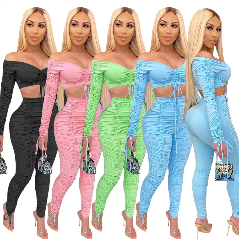 

Sexy Women 2 Piece Set Solid Color Long Sleeve Slash Shirt Crop Top And Split Pants Stacked Leggings Loungewear Two Piece Set, Picture