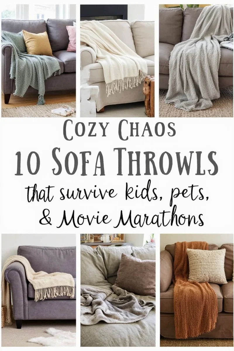 A family enjoying a cozy living room draped with throws