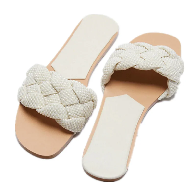 

New design summer elegant and noble pearl women flat slippers open toe leisure beach light pearl ladies sandals