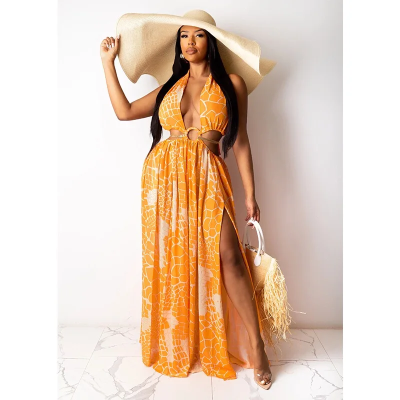 

Summer Long Dress Flower Casual Maxi Dresses Black Sexy Halter Strapless New 2021 Yellow Sundress Vacation Clothes For Women, Orange,black,yellow
