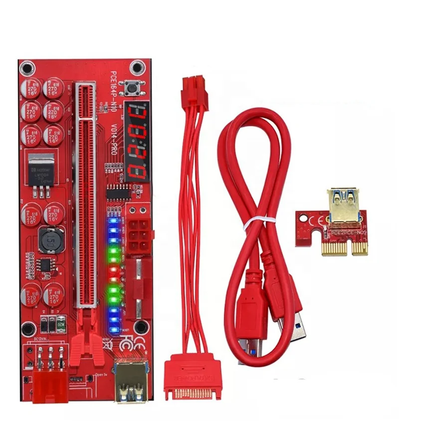 

Red V014 PRO 3Connector PCI E PCIE Riser ver 014 PCI-E 1X to 16X GPU Adapter Card With Temperature Display Flash LED Risers