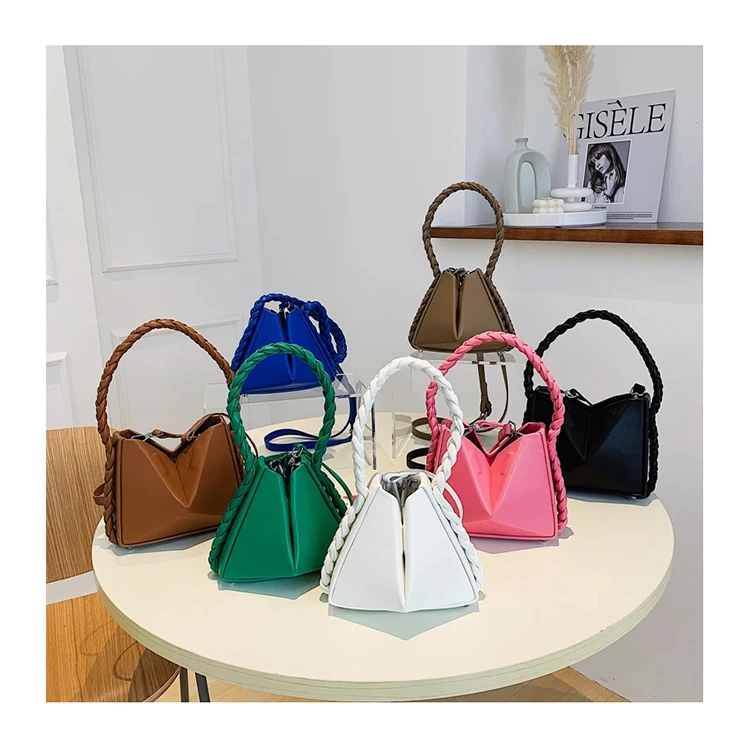 

Foldable PU Leather Messenger Bags Rope Weaving Handle Tote Designer Solid Color Pyramid Women Handbags 2022 Summer Triangle Bag