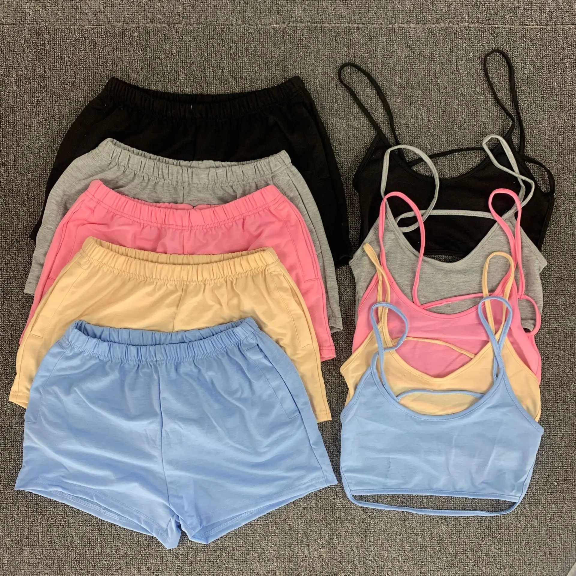 

Wholesale 2 Piece Short Set Custom Crop Tank Top Cotton Women Two Piece Backless Camisole Top Sport Bra Short Set, Gray, black, purple, blue, army green,apricot