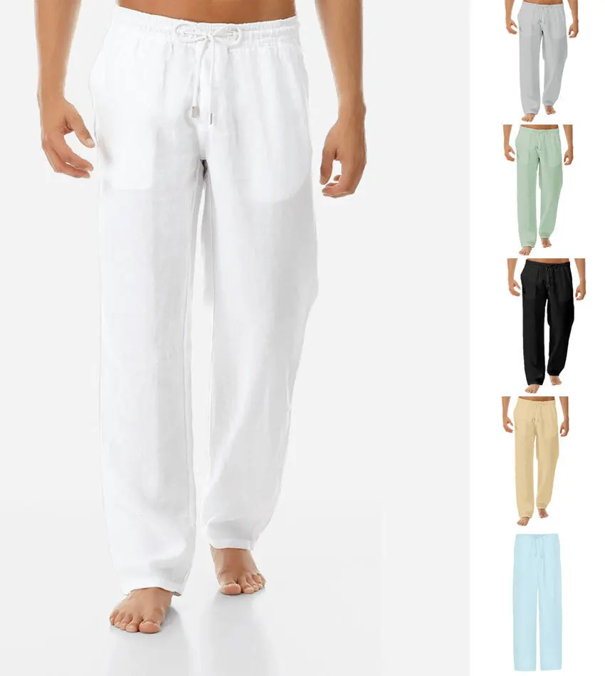 M-3XL European and American Men's Simple and Fashionable Solid Color Casual Cotton and Linen Pants Lace up Loose Pants