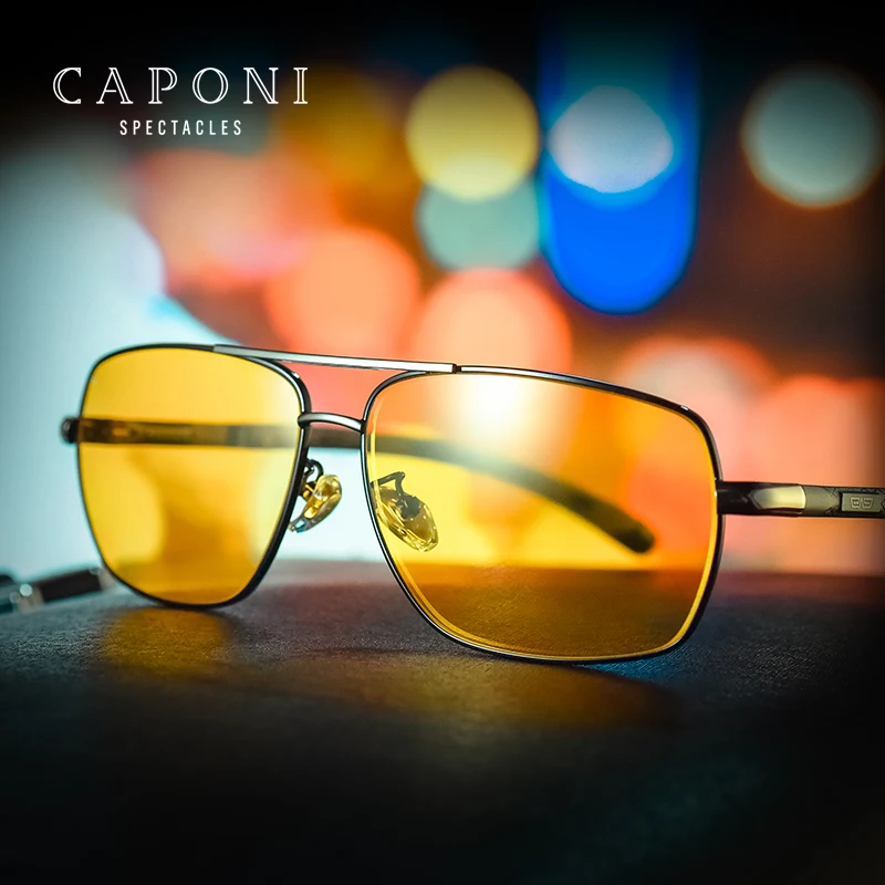 

CAPONI Men UV400 TAC Polarized Lens Sunglasses Alloy Frame Adjustable Hinge Pilot Eyewear Night Vision Discoloration Shades 2pcs