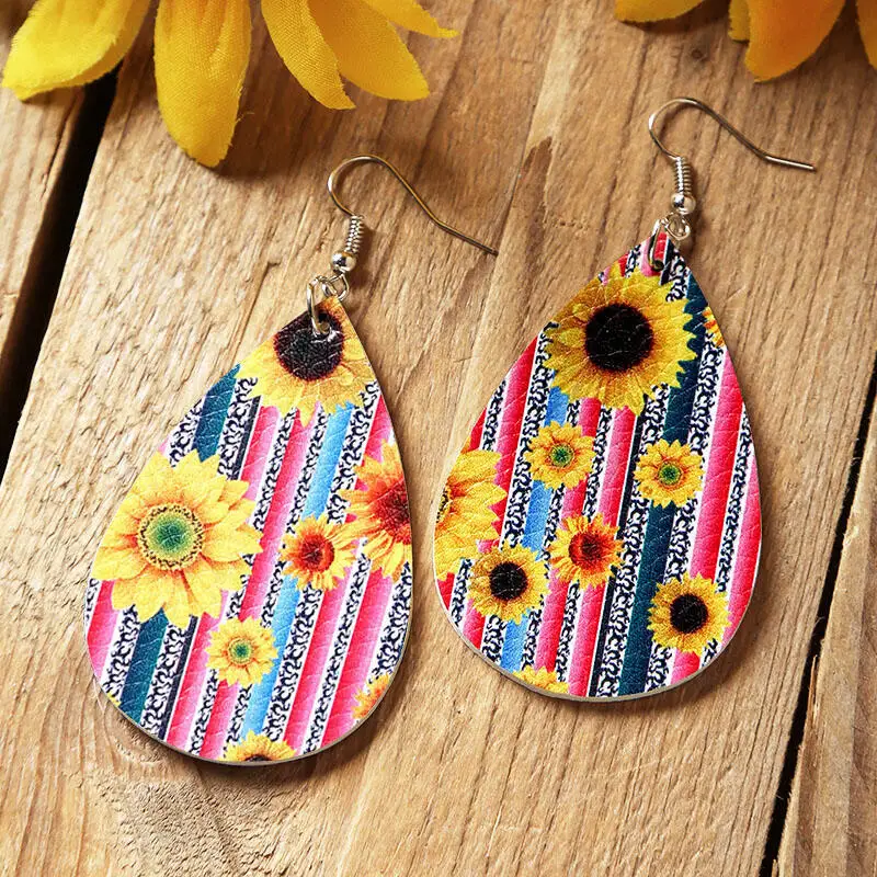 

2020 Rainbow Striped Sunflower Printed Drop Leather Earrings For Woman, As the picture show or as request