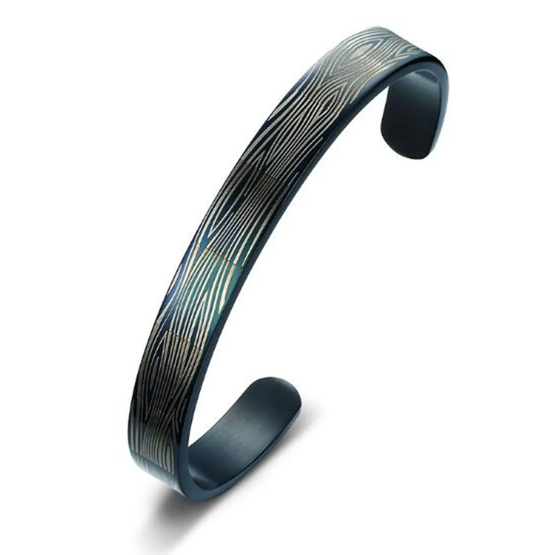 

BRJSF00075 9MM Wide Womens Dark Blue Lines Painting Surgical Steel Open Cuff Bangle