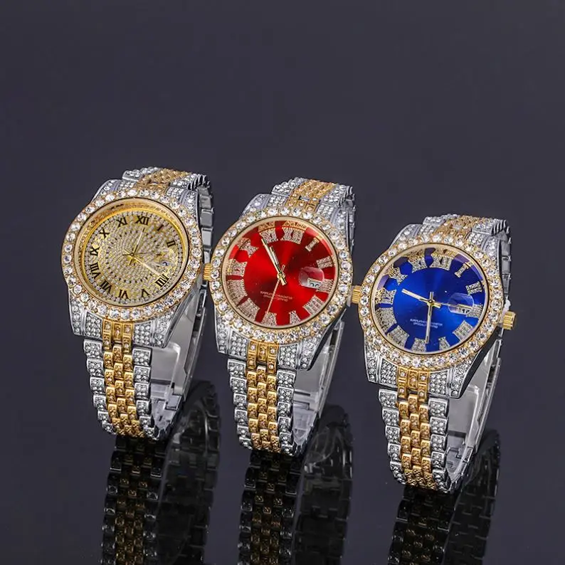 

2021 New Hip Hop Jewelry Iced Out Rhinestones Quartz Watches Stainless Steel Roman Watches 18K Gold Diamond Bezel Elite Watch