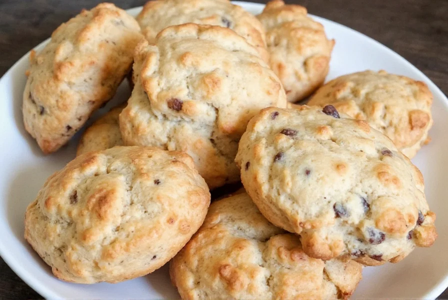Professional food photography of golden brown cinnamon raisin biscuits on a rustic wooden board with melted butter drizzle