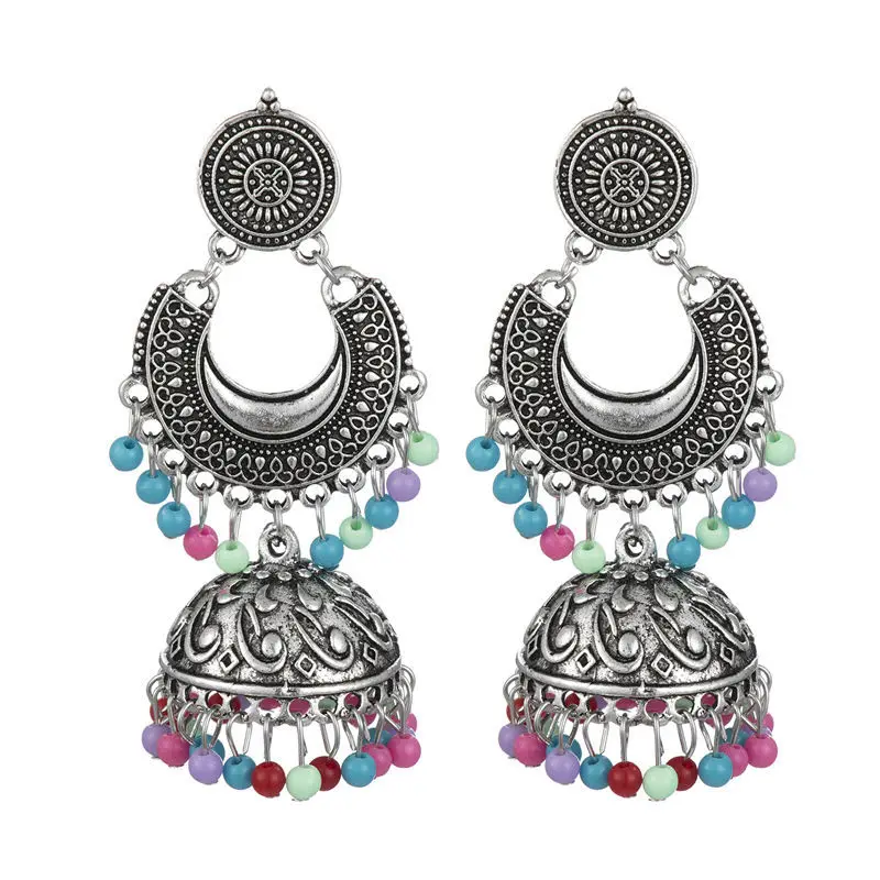 

Vintage Silver Color Indian Jhumka Earrings Charming Turkey Bohemia Beads Tassel Earrings for Women, As picture