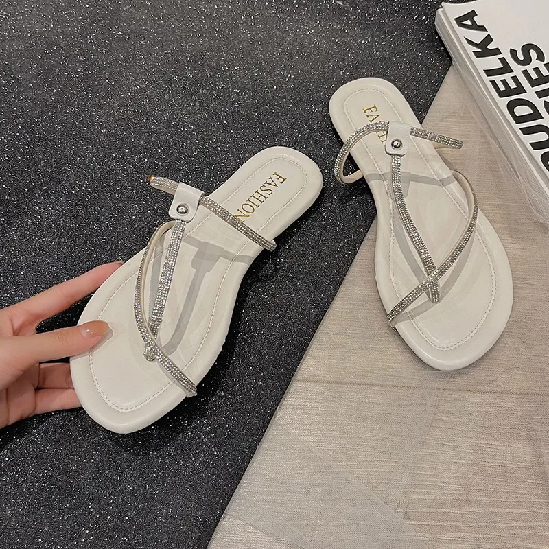 

Gem-embellished toe post summer fashion women slides slippers outer wear lady thong strap sandals comfy female flat mules