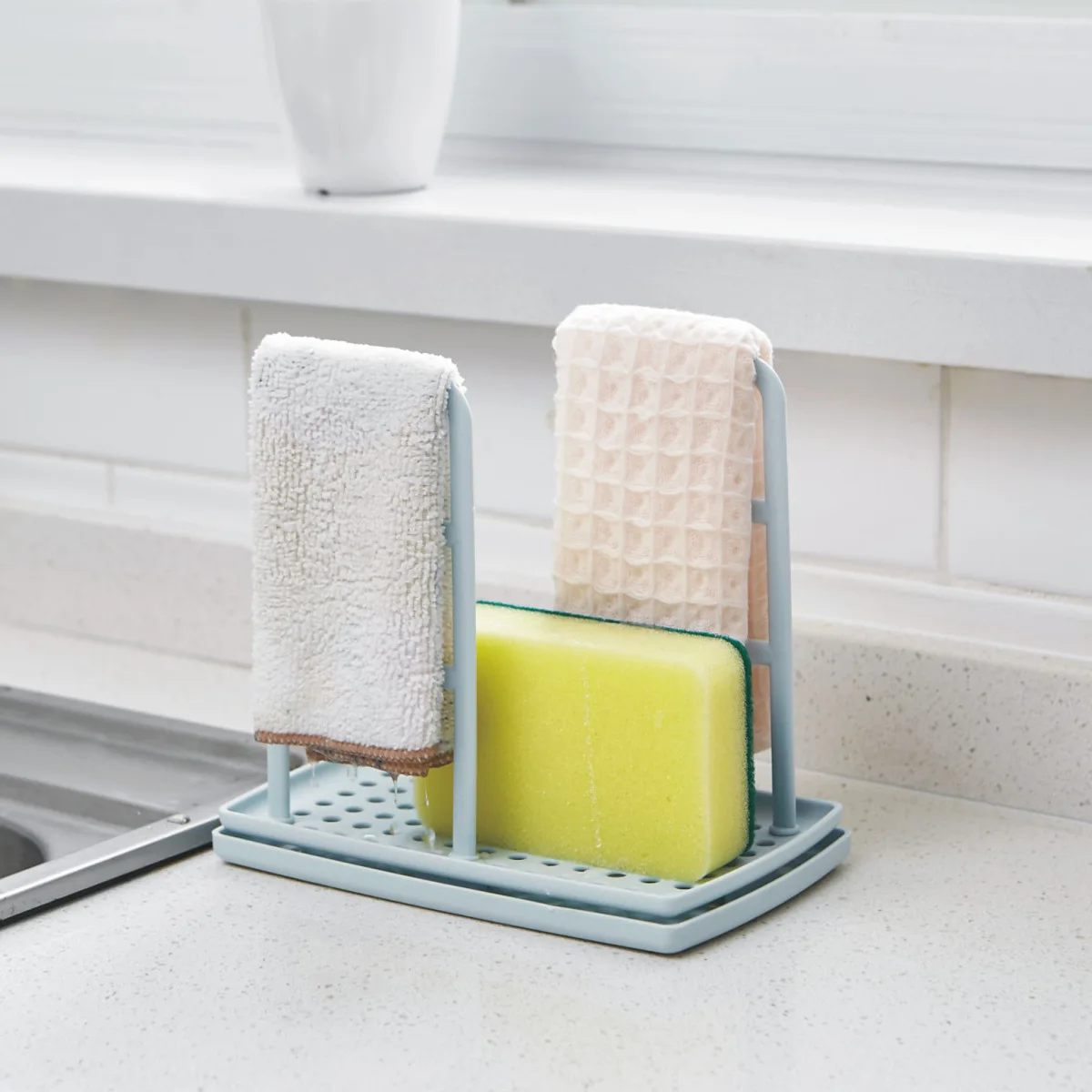 

Sponge Holder with Drain Pan for Kitchen Sink Kitchen Sink Organizer for Sponge Brush Soap Dish Dishcloth Rack