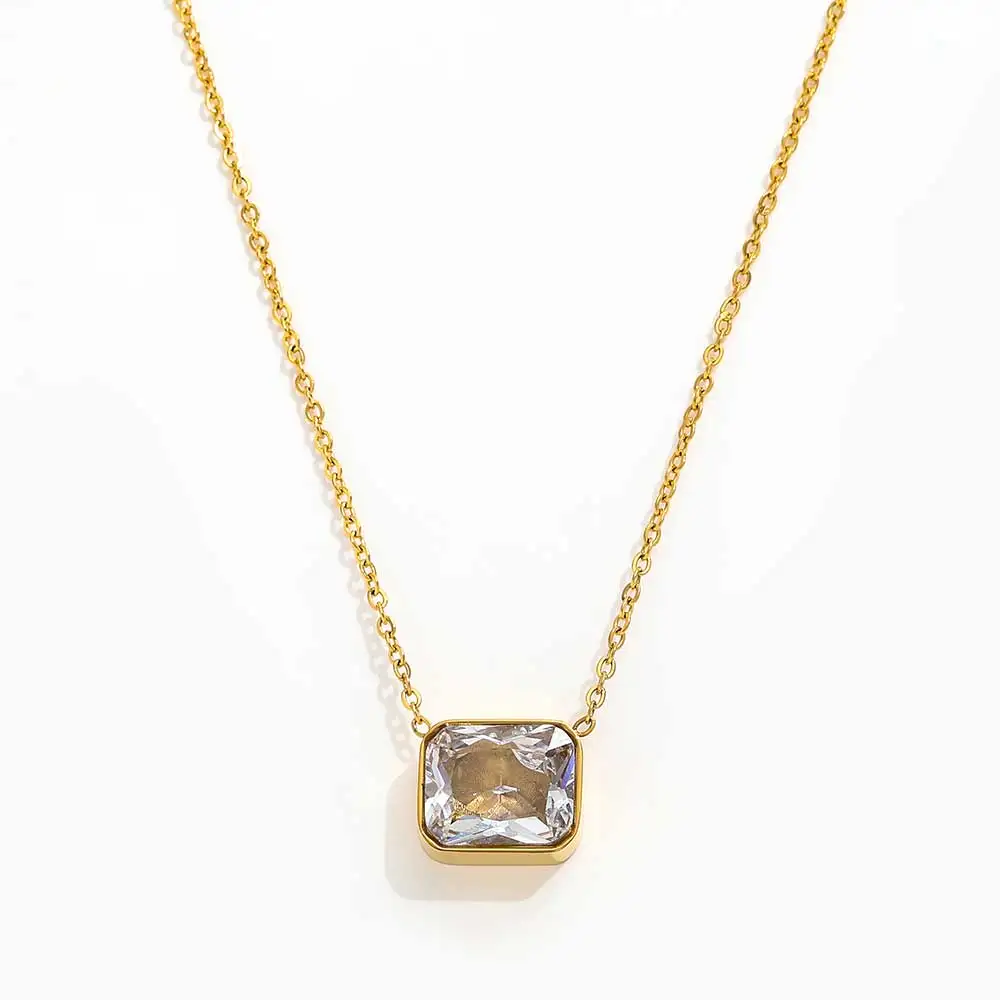 Joolim Jewelry 18K Gold Plated Rectangle Glass Pendant Necklace Stylish Link Chain Stainless Steel Perfect Trendy Style Gifts