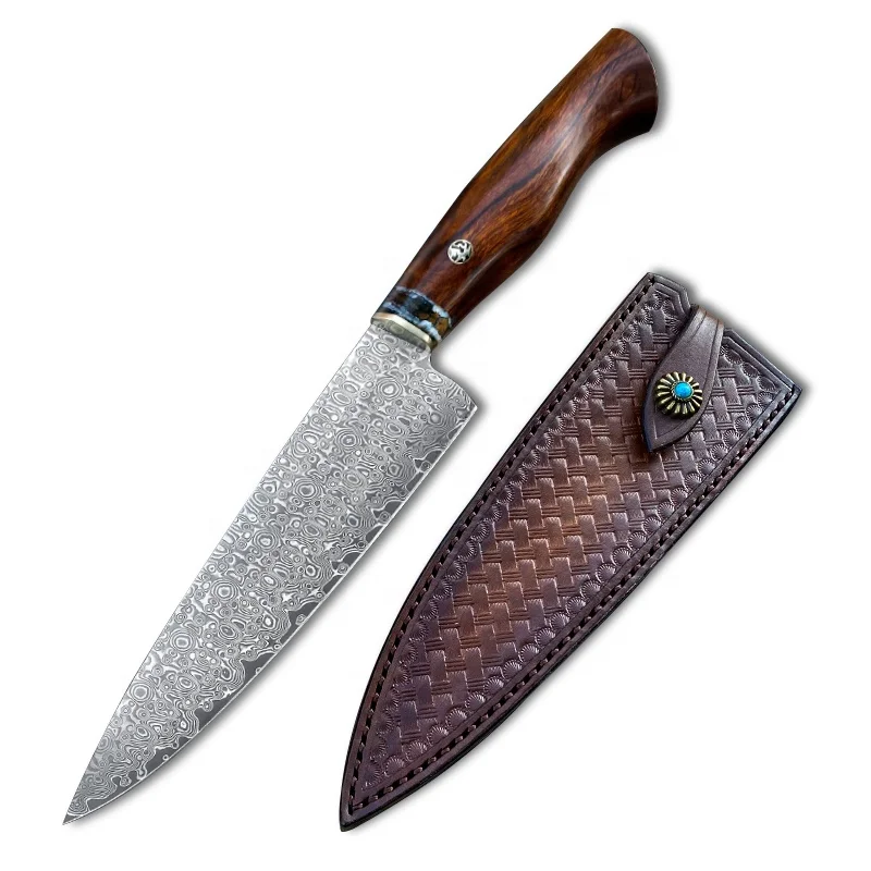 

Professional Handmade 7.6in Ironwood and Fossil Handle Japanese VG10 Damascus Kitchen Chef Knife with Leather Sheath