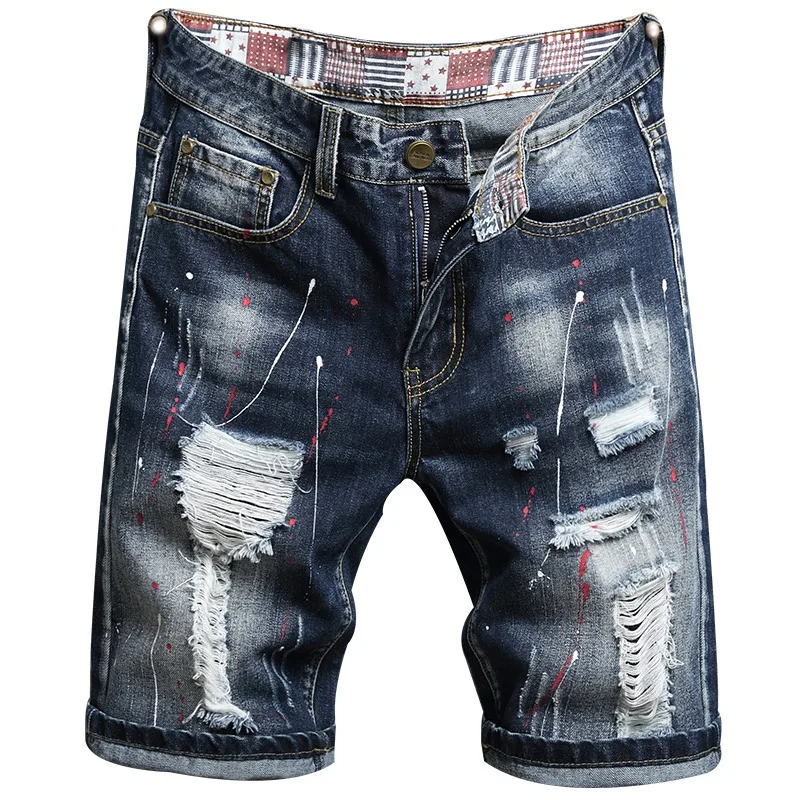 

AIPA Factory Wholesale Distressed Summer Half Denim Pants Ripped Casual Blue Jeans Hole Printing Straight Men's Jeans Shorts, Customized color