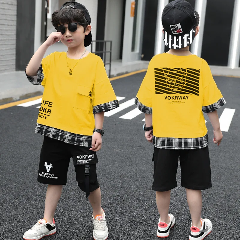 

2022children Clothes Set Summer New Kids Suit Boys Contrast Shoulder Short Sleeve white T-shirt Shorts Two Sets, White yellow