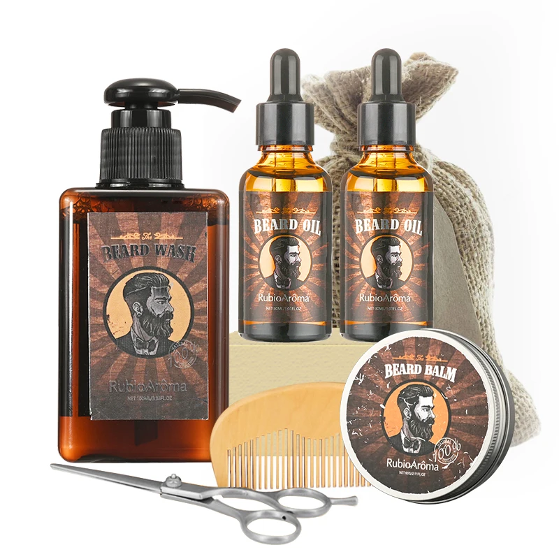 

OEM Private Label Beard Grooming Kit Organic Softens Strengthens Beards And Mustaches Beard Oil Set Men Growth Kit