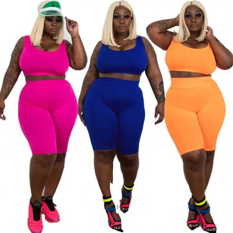 

wholesale new solid color tank high stretch plus size woman two piece short sets, Fuchsia,blue,orange