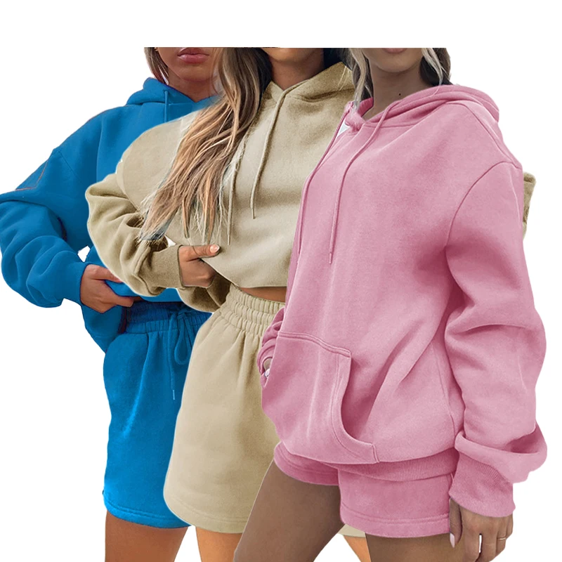 

2022 Fashion Women Sweatsuit Set Tracksuit Custom Jogger Hooded Set Fleece Two Piece Women Oversized Hoodie And Sweat Shorts Set