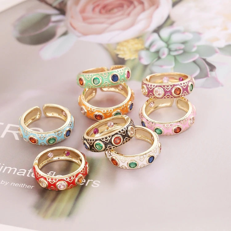 

G422 Adjustable Gold Plated Stone Finger Band Ring Enamel Colorful Zircon Open Women Ring