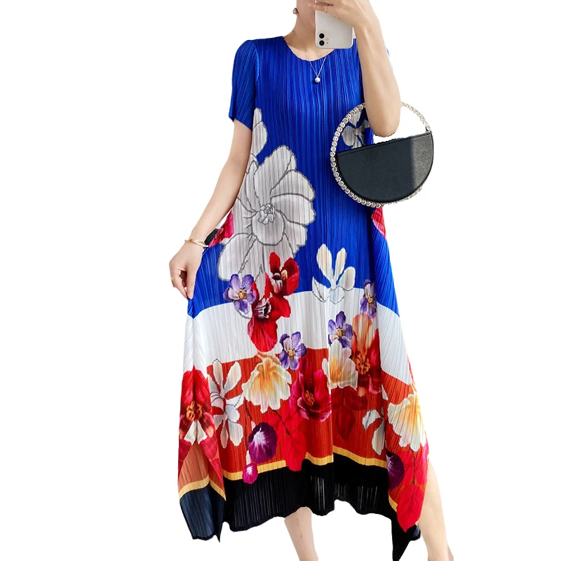 

2021Summer Fashionable Women's Floral Print Stretchy Loose Casual Pleated Dress