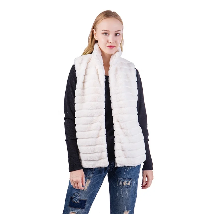 

Fast Shipping Women Custom Stripe Faux Fur Vest, Ivory, gray