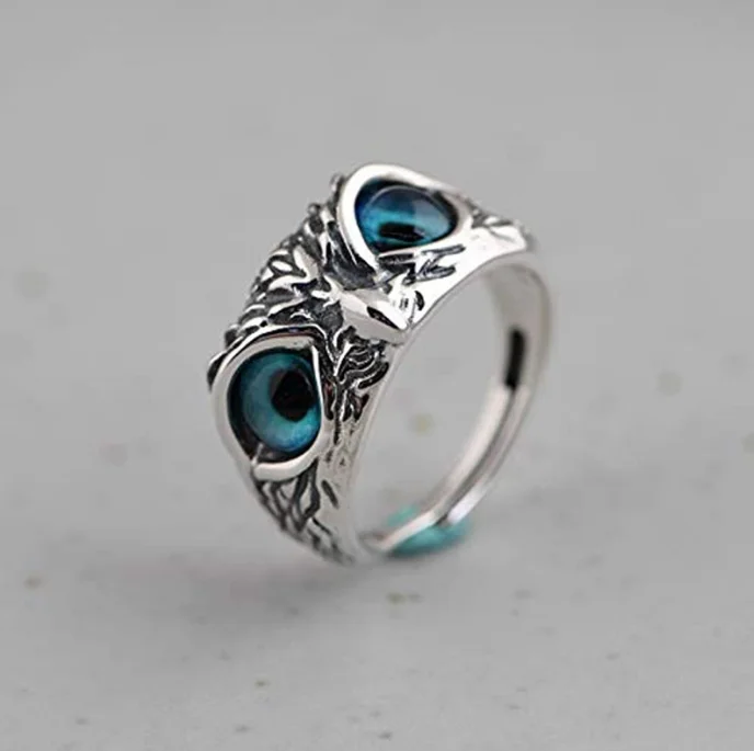

QiJia, YiWu,New vintage alloy blue eyed owl ring adjustable accessories,silver alloy slip ring