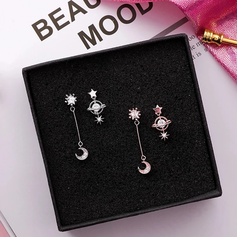 

New Design Korean Asymmetric Earrings For Women Trendy Shiny Rhinestone Moon Star Planet Pendientes Cute Girl Gifts Jewelry, Picture