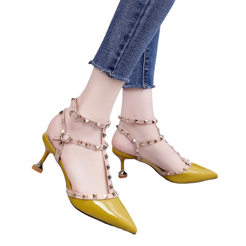 

ISEEYOUFIRST Shoes Woman Patent Leather Fashion Rivet Pointy Toe Punk Style Sandals Stiletto High Heel Party Shoes Yellow Pink