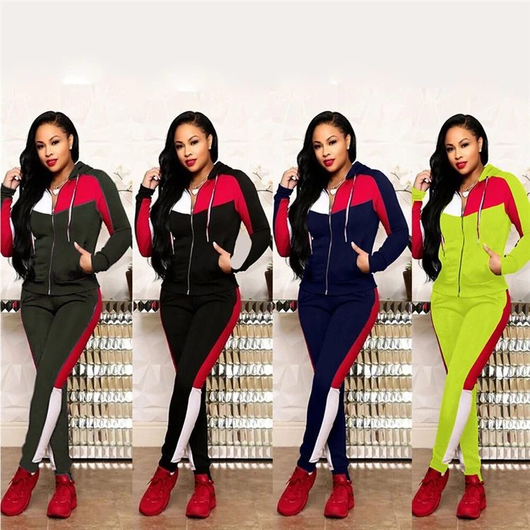 

D96430 Fashionable casual women clothing two piece jogger set zippers multicolor patchwork long sleeves high waist sweet suit