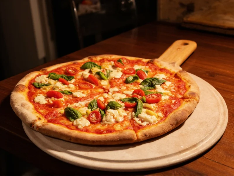 Homemade pizza sliding onto preheated pizza stone